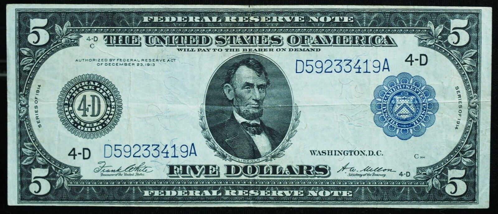 1914 $5 Federal Reserve Note Choice VF Condition Excellent Eye A