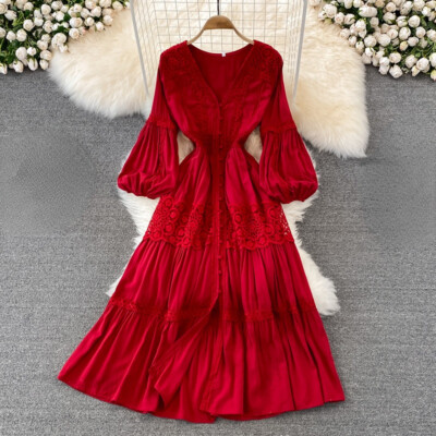 boho red lace dress Red Bohemian V Neck Ruffled Lace High Waist Boho Maxi Dress Coachella Dress Red / L
