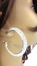 RHINESTONE HOOP EARRINGS 2 INCH HOOP EARRINGS DOUBLE PAVED SILVER TONE HOOPS