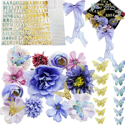 Graduation Cap Decorations Kits- Faux Flower Heads 3D Butterfly Stickers Self Ad