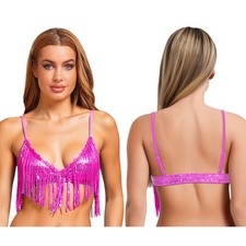 US Womens Sequin Tassel Bra Top Belly Dance Costume Spaghetti Straps Camisole