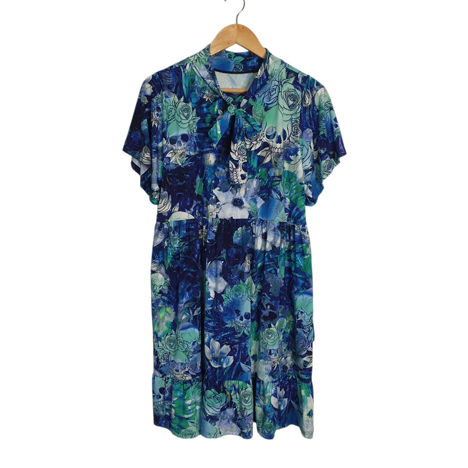 Exotica Size L/XL Aqua Purple Floral Skull Print Jersey Tie Neck Babydoll Dress