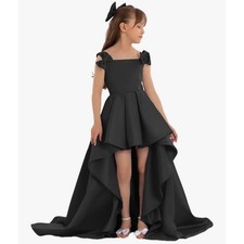 Girls Black Satin High Low Formal Dress Bow Shoulder Pageant Gown New with Tags