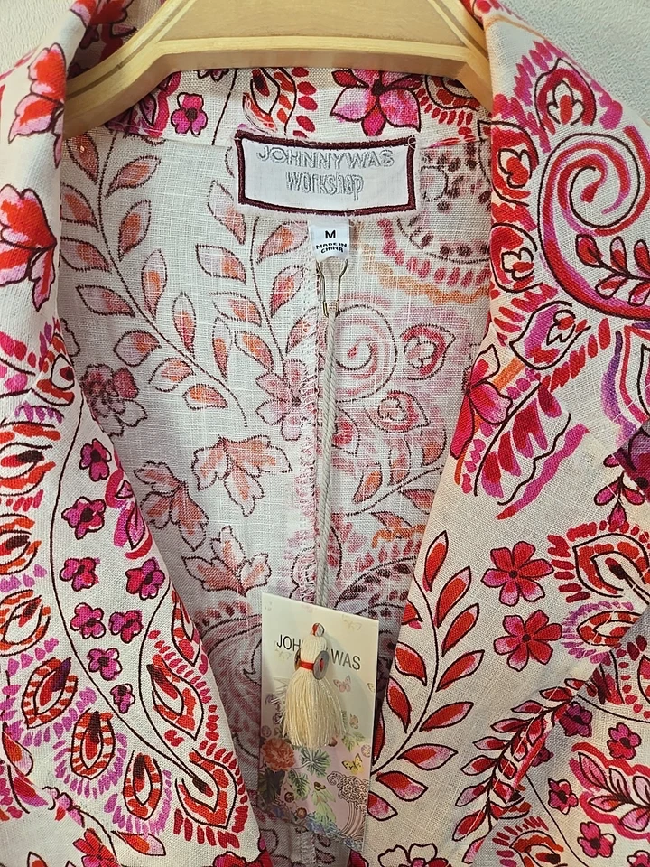 NUEVO CON ETIQUETAS Johnny Was Talla M Rojo Blanco Floral Lino Blazer Chaqueta Boho Chic Bolsillos $255 Foto 2 de 4