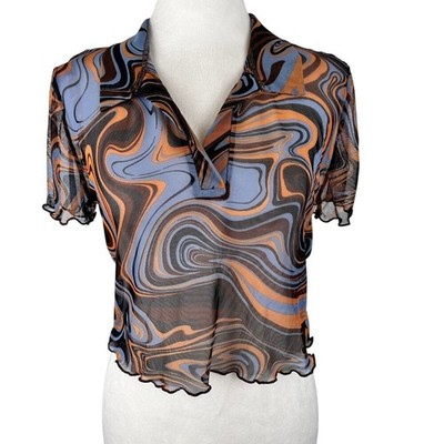 Just Polly New York Sheer Mesh Swirl Print Crop Top Small Rave Whimsigoth Y2K