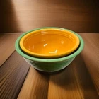 Bauer Pottery Beehive Ring Ware #12 Yellow Mixing Bowl And # 9 Teal Mid century