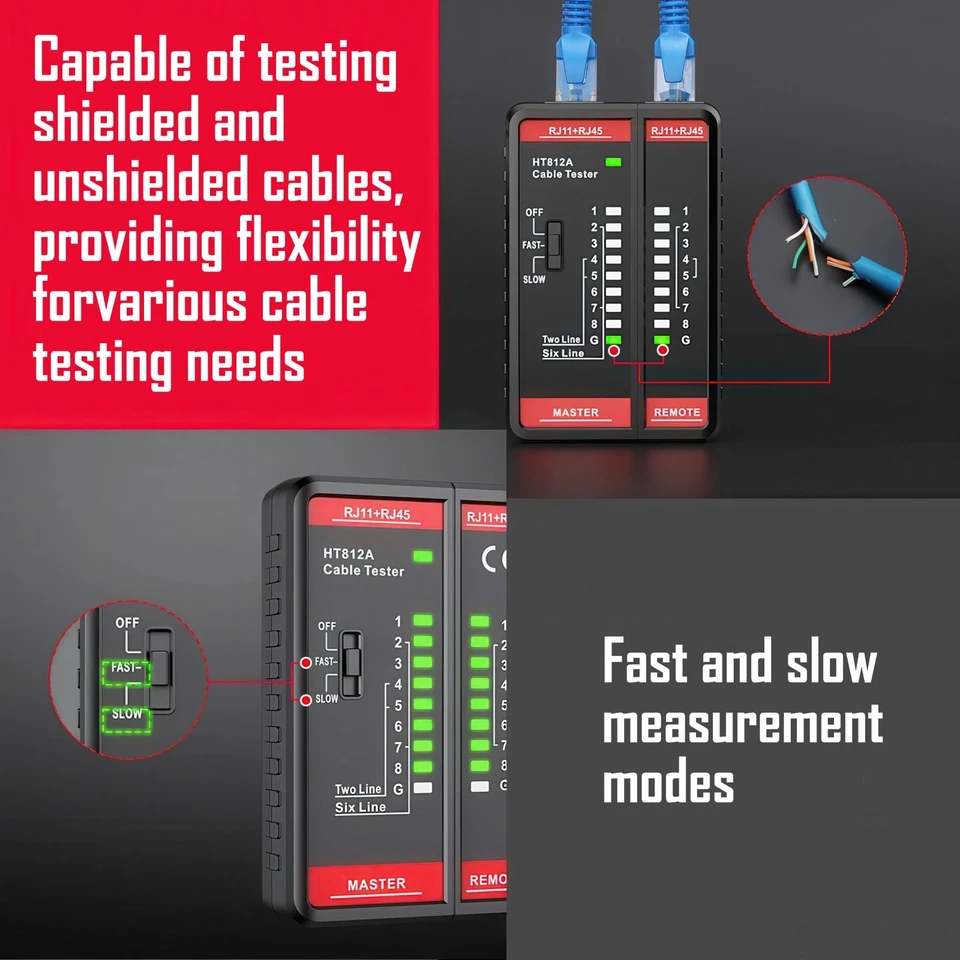 Probador de cables de red con puerto RJ45 RJ11, probador de cables Ethernet rápido/lento, POE Foto 4 de 4
