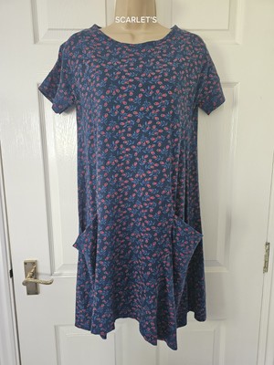 Seasalt Mill Pool Dress Size 8 Blue & Red Floral Jersey Pockets Cotton Summer