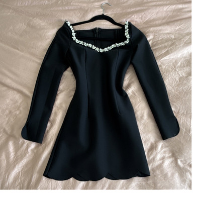 Black Knit Mini Dress S, Long Sleeve, Rhinestone Accents, Scalloped Hem,  Lined | eBay
