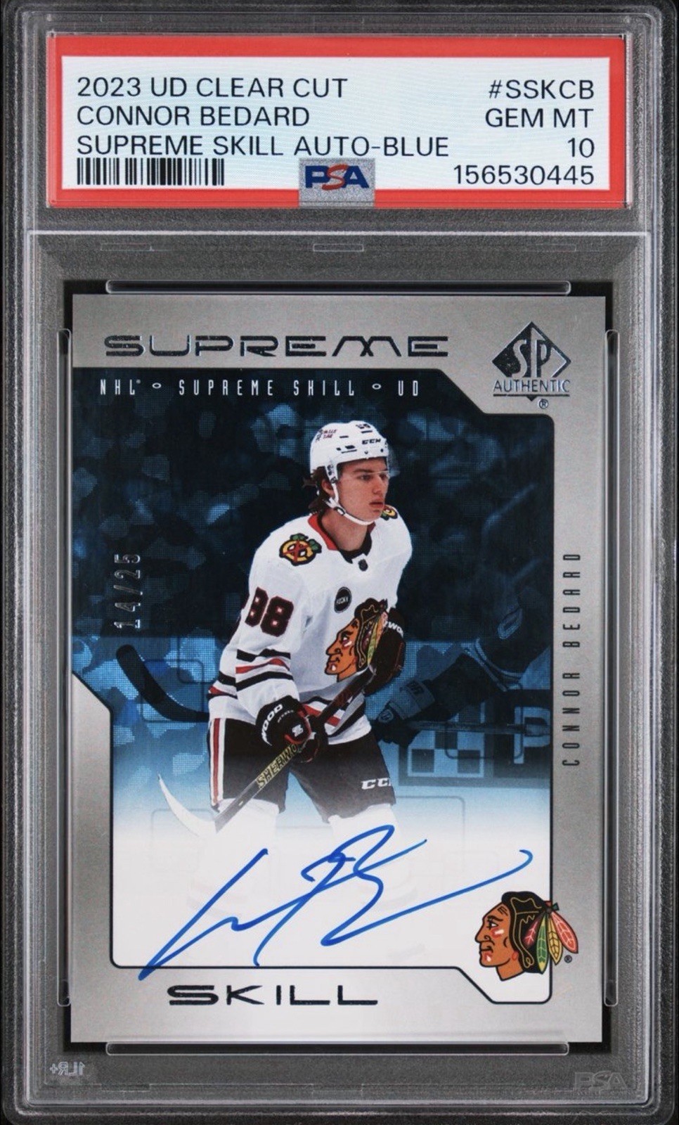2023 Upper Deck Clear Cut Connor Bedard Rookie Auto /25 PSA 10 Pop 1 RC Blue