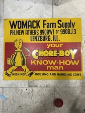 Vintage Chore Boy Milking Cows Tin Sign Original Painted Farm Lenzburg Illinois