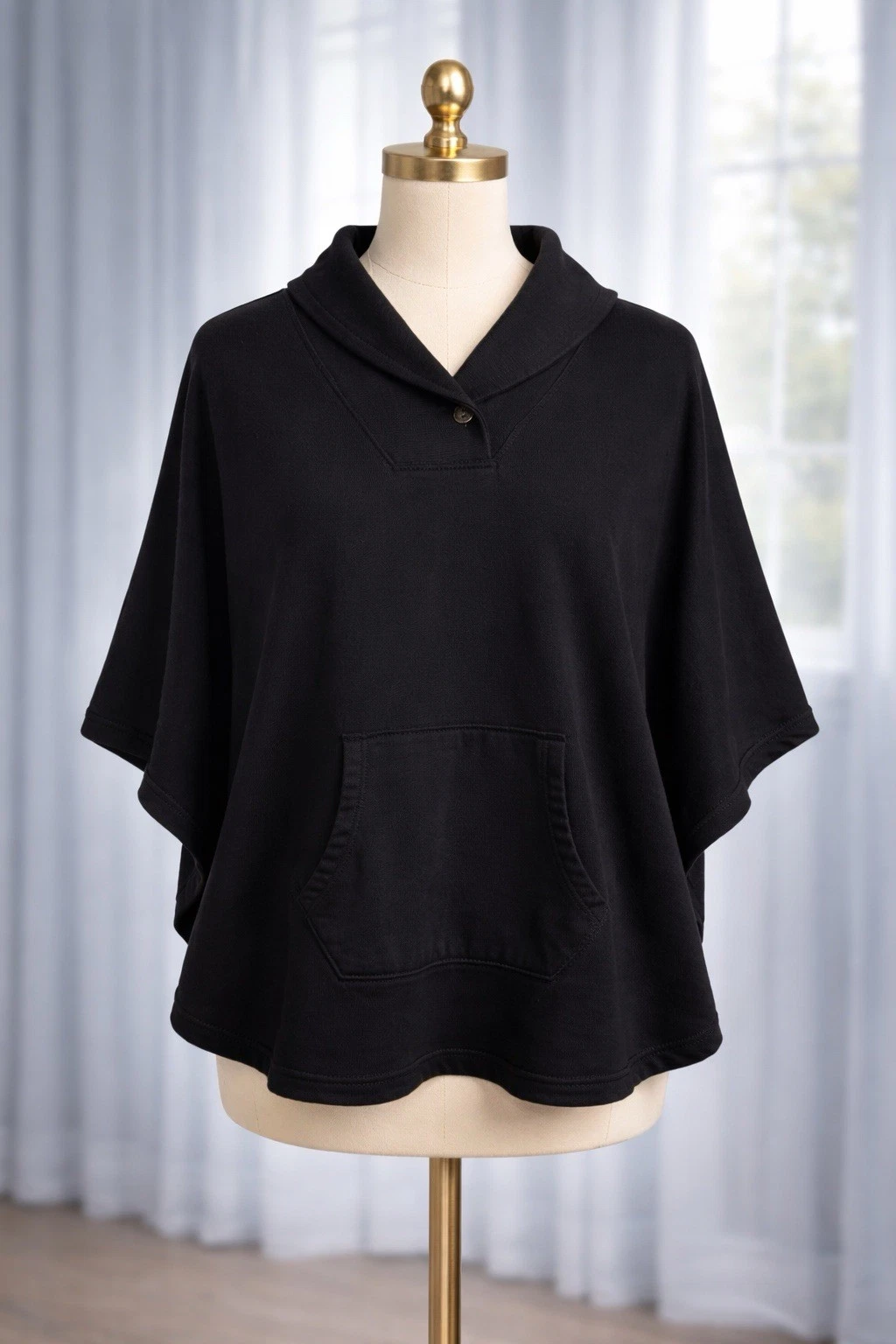 Lauren Ralph Lauren Cape Poncho Soft Cotton Knit Black Pocket Shawl Collar M / L