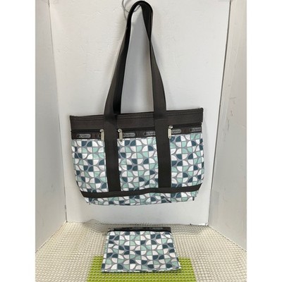 LeSportsac Everygirl Tote Bag Geometric Print Brown Blue Gray with Pouch EUC