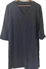 For Cynthia LINEN Blue M Midi Shift Dress Coastal Lagenlook Minimalist Chic
