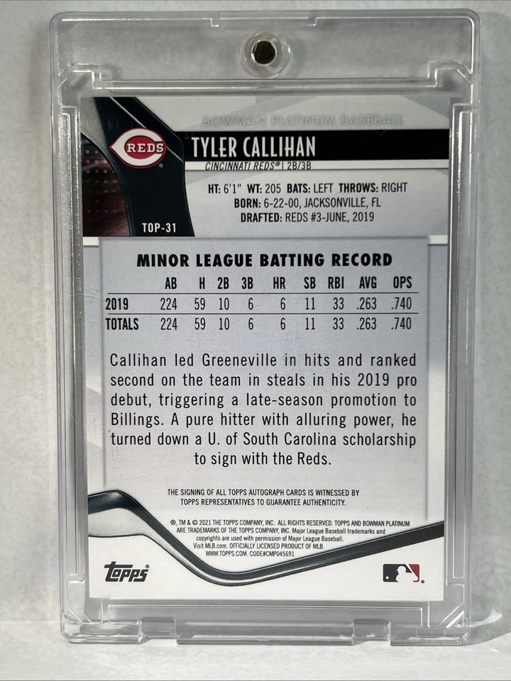 2021 Bowman Platinum - TYLER CALLIHAN Autograph Auto Cincinnati Reds #TOP-31 - Image 2 of 2