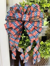 XL Handmade Red White Blue Patriotic 4th Memorial Day Wreath Lantern Bow Decor