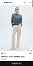 Mango Straight-Fit Pleated Twill Pants Beige Zip Button Women Dress Business