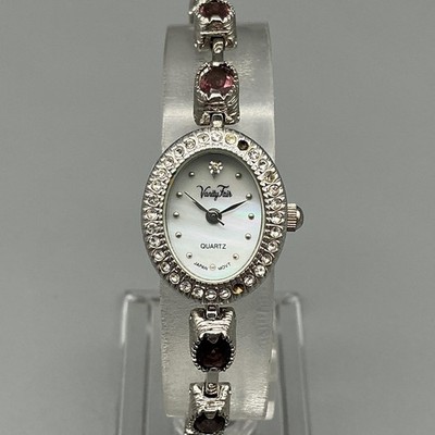 Vanity Fair Womens Watch 18mm MOP Dial Silver Tone Purple Gems New Battery 6.75''