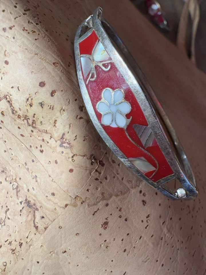 Vintage Mexico Alpaca Silver Hinged Bracelet Abalone Inlay Flower Butterfly B007 - Image 2 of 4
