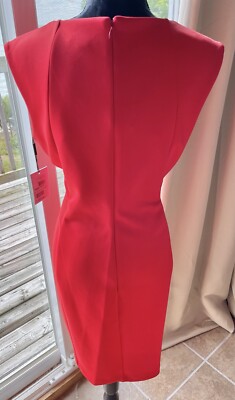 Calvin Klein Fire Red Front Gold Circle Cap Sleeve Rear Zip Sheath Dress 12  NWT | eBay