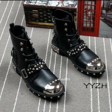 Men's Fall Rock Leather Punk Studs Buckle Lace Up Combat Motorcycle Ankle Boots