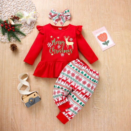 Christmas Baby Girls Ruffle Tops Pants Headband Xmas Outfit Set Kids Clothes UK - Picture 1 of 12