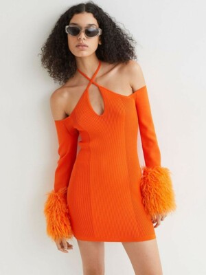 H&M CO-EXIST STORY VEGAN ORANGE FAUX FUR CUFF BODY CON MINI DRESS XL BNWT RARE