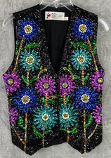 Jc Usa Small 32" Vest Sequin Flowers Neon Purple Blue Teal Western 80s Vintage