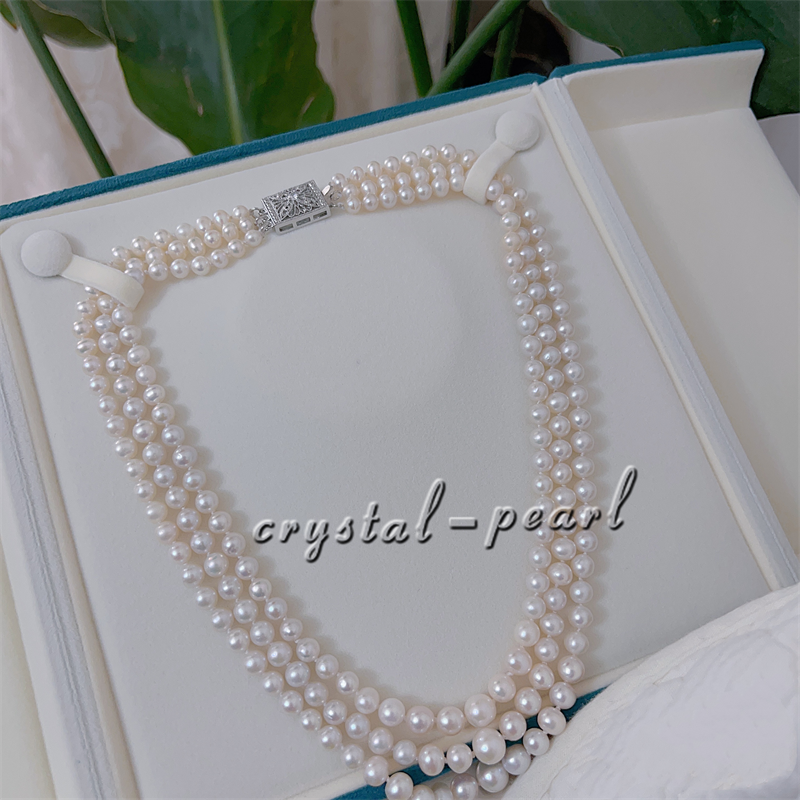 3 Strand AAAA 6-7mm Natural Akoya White Pearl Necklace 18