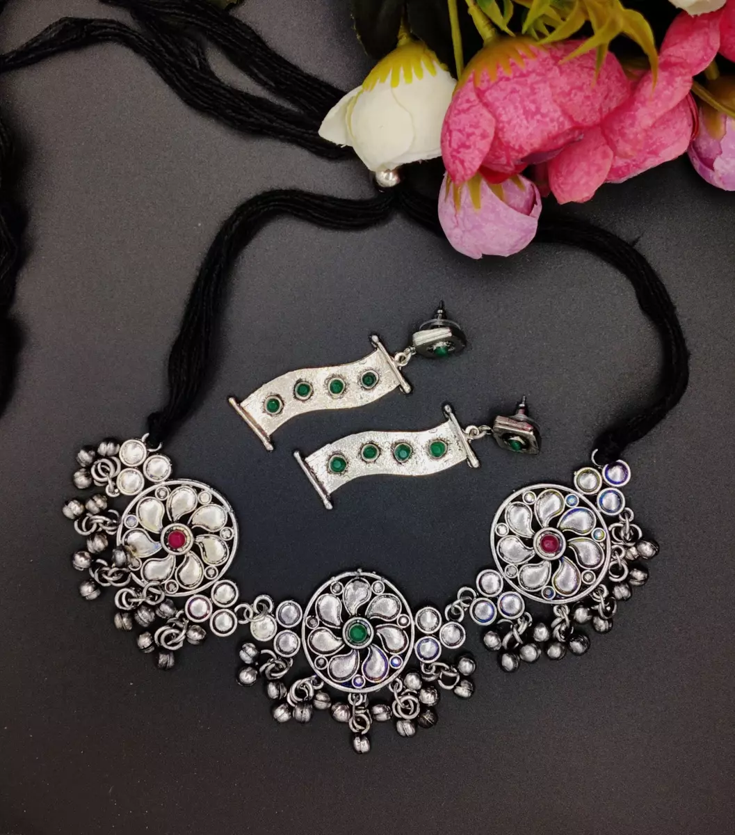 Long Silver Oxidized Ethnic Tribal Costume NECKLACE EARRING CHOKER