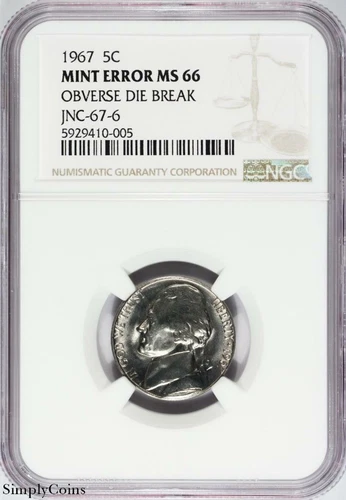 MINT ERROR 1967 Jefferson Nickel ~ NGC MS66 ~ OBVERSE DIE BREAK JNC-67-6 410-005