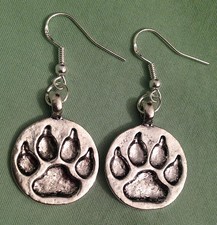 ROUND DOG PAW PRINT EARRINGS - Pewter with Sterling Silver Ear Wires BEAR CLAW
