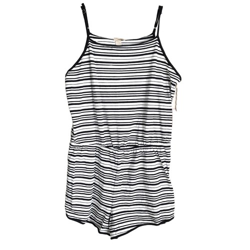 Mossimo Sz L Romper Black White Stripes Elastic Waist Spaghetti Straps NWT - Picture 10 of 11