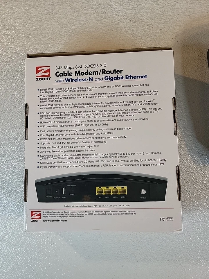 Zoom 343 Mbps 8x4 DOCSIS 3.0 Router With Wirreless-N and Gigabit No Cable F20 - Image 2 of 3