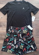 NWT Nike Jordan Boys YLG Black/Aqua/Orange/Yellow Print Mesh Shorts Set Large