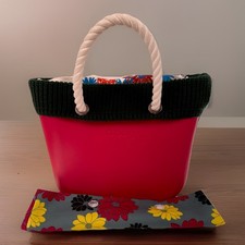 O Bag Mini Tote Bag Rossa con Bordo in Maglia Verde e Fodera Floreale