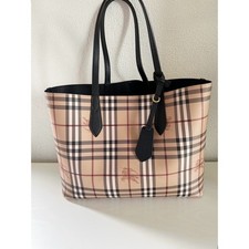 Burberry Haymarket Check Reversible Plaid Black Tote Bag Purse