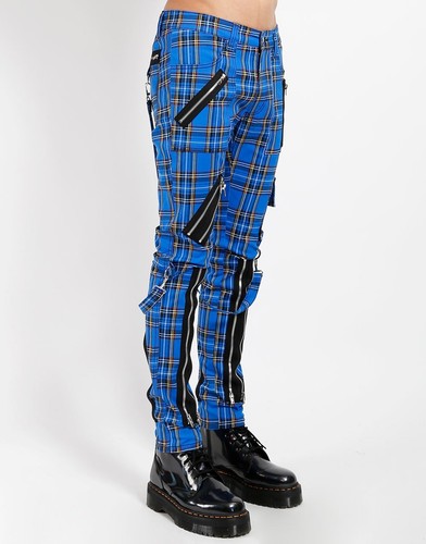 Blue Plaid Gothic Pants – Slim Fit, Straps, Zippers, Unisex Punk Style - Picture 2 of 4