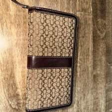 Classic Coach Wallet- Signature C Fabric With Brown Leather Trim-