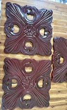 3 Carved Wood Decorative Wall Panels, Square Mahogany/Brown Floral Hanging 15 in