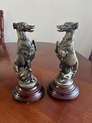 2- Metal Whippet Greyhound Dogs on Round Wooden Base Vintage Decor