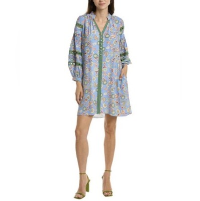 Diane von Furstenberg Blue Green Floral Button Front V-Neck Shift Dress L