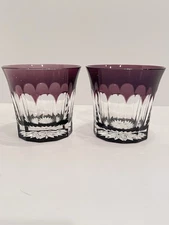 Ajka? Cased Crystal Cut to Clear Amethyst Whiskey Old Fashion Glasses 3.75"