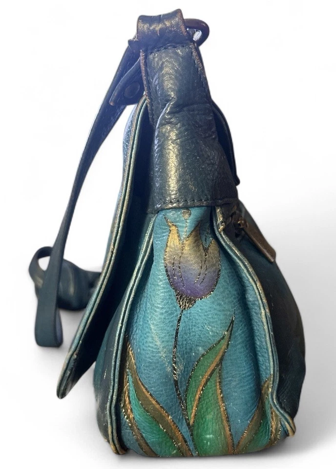 Anuschka Hand Painted Blue Floral Leather Crossbody Bag India Genuine Blue - Image 3 of 4