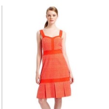 Tory Burch Sz 10 Berdine Eyelet A-Line Pleated Drs Habanero Pepper Red Orange