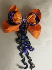Girls Halloween Ribbon Hair Bow, Orange Black Purple Glitter, Text Pattern