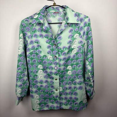 VTG 70s Floral Colorful Disco Dagger Collar Polyester Button Shirt Medium 38 