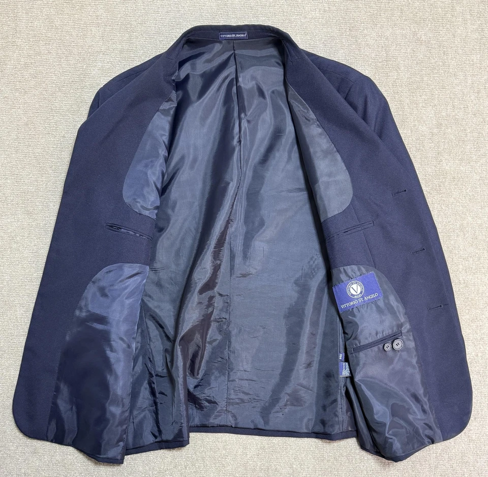 Vittorio St. Angelo Suit Mens 44S Jacket 38S Pants Navy Blue 2 Piece 3 Button - Image 3 of 4