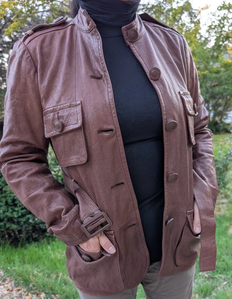 Max Studio Women's Brown Leather Jacket,Size M Belted Nero Collarless Pockets - Image 2 of 4