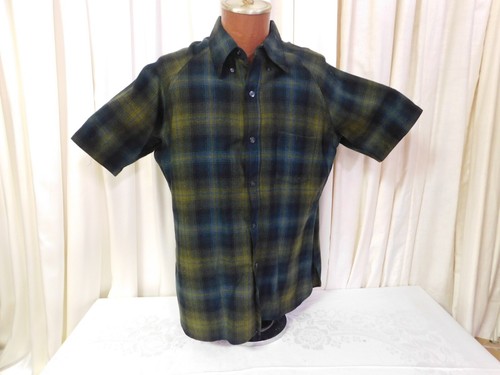 Vintage H.I.M Green Plaid Wool Shirt Short Sleeves - Picture 2 of 8